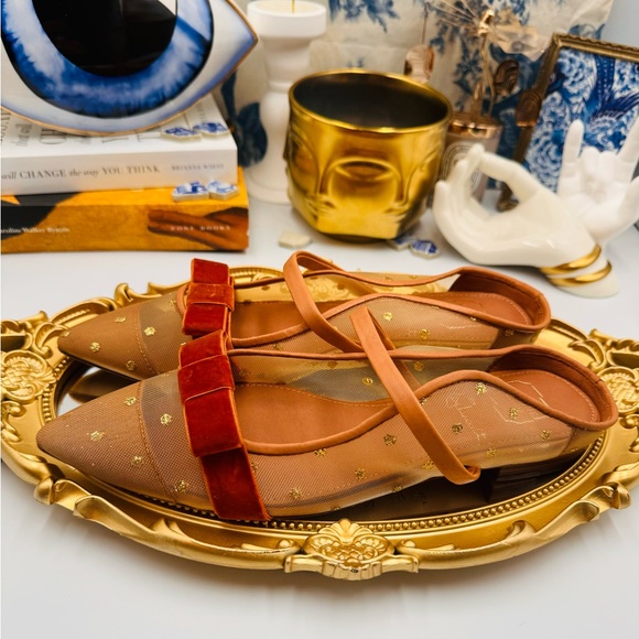 🆕 MALONE SOULIERS 🧿 BNWOB Tan Mesh Mules with Brown Velvet Bow Size 36 - 6 - Picture 2 of 16